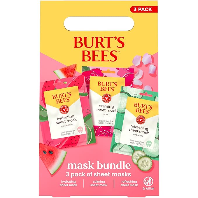 Burt's Bees Mothers Day Gifts, Face Mask Bundle Set, Hydrating Watermelon, Calming Rose, & Refreshing Cucumber, Face Sheet Masks for Single Use Skin Care, 99% Natural Origin, 3 Count, 0.33oz Each