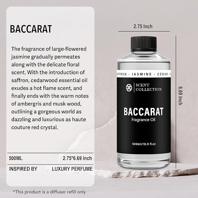 Luxury Hotel Scent Baccarat 500ml/16.9Fl oz Waterless Essential Oil NYC Hotel Scent Experience – Long Lasting Refill for Large Room & Home - Signature Saffron Cedar