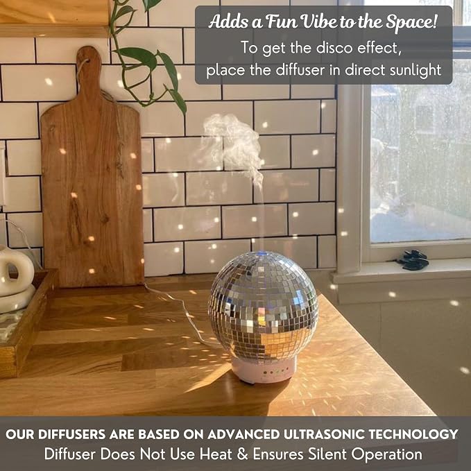 SCANDINORDICA Disco Ball Diffuser - Original Rotating Disco Essential Oil Diffuser with Whisper Quiet Operation, 14 Color Night Light & 4Time Settings | Cute Eclectic Home Decor for Medium Room Silver
