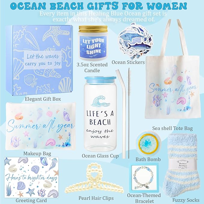 Gifts for Women, 10pcs Ocean Themed Happy Birthday Gifts for Women, Gift Basket Filled with Beach Lover Essentials Blue Ideas Inspirational w/ Seashell Tote Bag Thinking of You for Mom Sister Friend