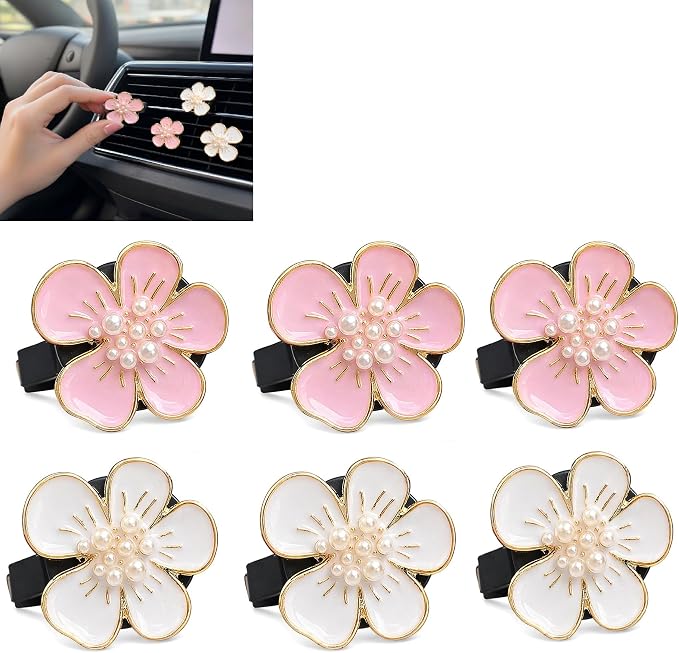 6PCS Daisy Flower Air Vent Clips, Cute Car Freshener Diffuser for Women Girls, Air Conditioning Outlet Clip for Interior Decor (Pink & White)