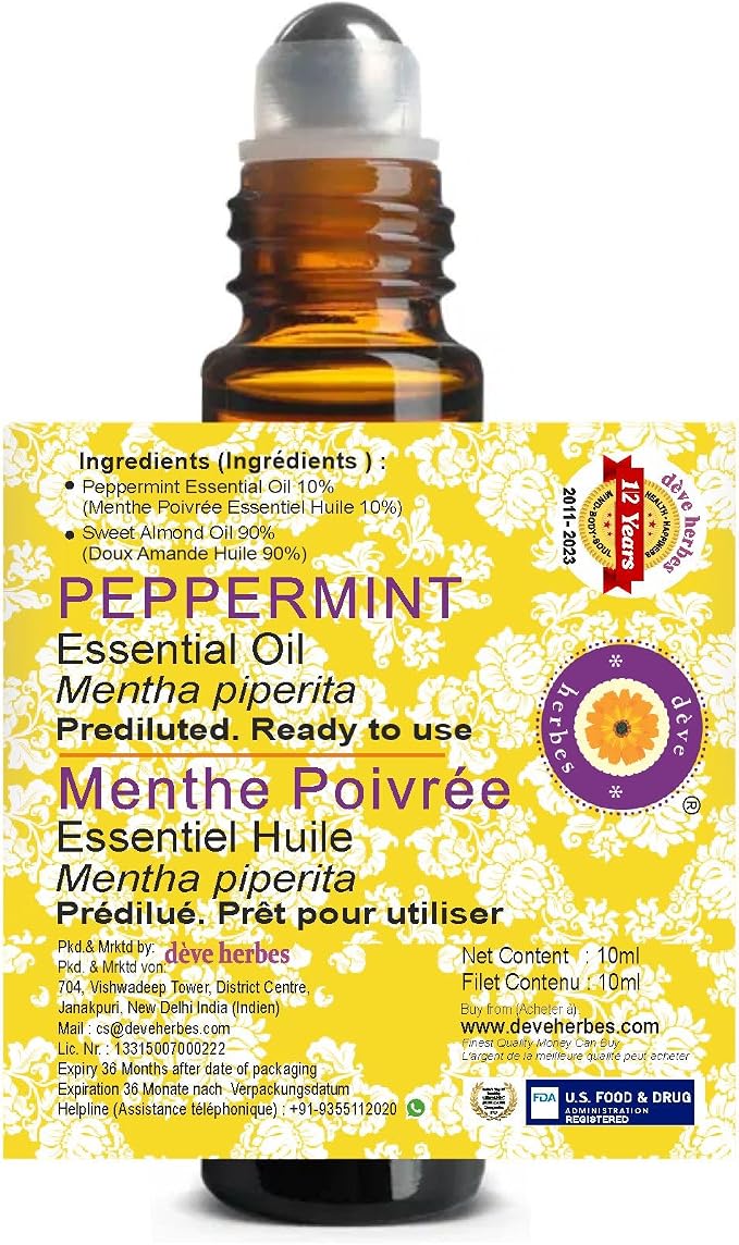 Deve Herbes Peppermint Essential Oil Pre Diluted Ready to Use Roll-on Blend 10ml (0.33 oz)