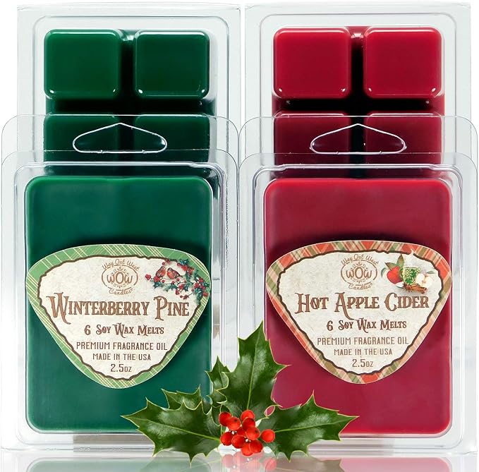 Soy Wax Melts Variety Pack of 4 – Winterberry Pine & Hot Apple Cider – Strongly Scented, Long-Lasting, Natural Soy Wax Cubes for Warmers – Christmas Home Fragrance Gift Set