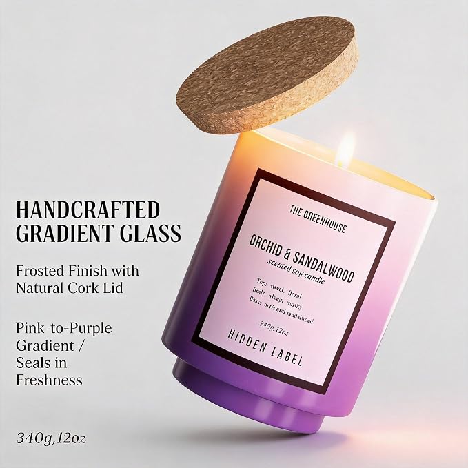 Hidden Label Orchid & Sandalwood Candle, 12oz Natural Soy Wax Non Toxic, 75H Long Lasting Aromatherapy Candle, Essential Oil Jar Candles for Home Scented, Pretty Stress Relief Meditation Gift for Her