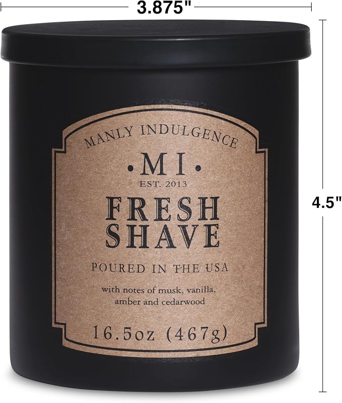 Manly Indulgence Fresh Shave Jar Candle 16.5 oz - Musk, Vanilla & Bergamot - Woodsy Amber & Cedarwood - Up to 60 Hour Burn - Soy Blend Wax, USA Poured