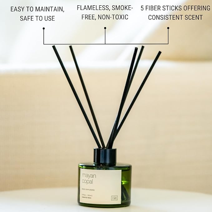 Craft & Kin Premium Santal Woods Reed Diffuser – 3.4 oz Natural Essential Oil Diffuser for Home & Bathroom – Long-Lasting Fragrance with Rattan Scent Sticks – Green Glass Room Decor