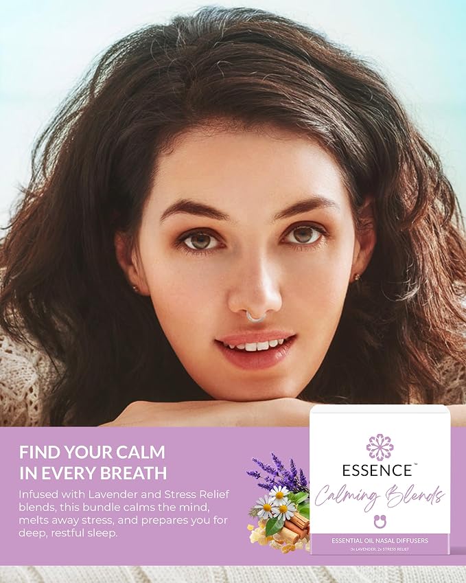 Essence Nasal Diffuser Calming Bundle – Aromatherapy Essential Oil Silicone Nose Rings for Stress & Sleep Support – Wearable Lavender & Stress Relief Blends for Relaxation & Nighttime Use