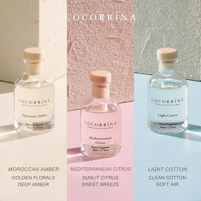 COCORRÍNA Eucalyptus Reed Diffuser Set of 3 - Light Cotton, Mediterranean Citrus, Moroccan Amber Scents, 1.7 fl oz Each, Total 5.1 oz, Scented Oil Diffusers for Home & Office