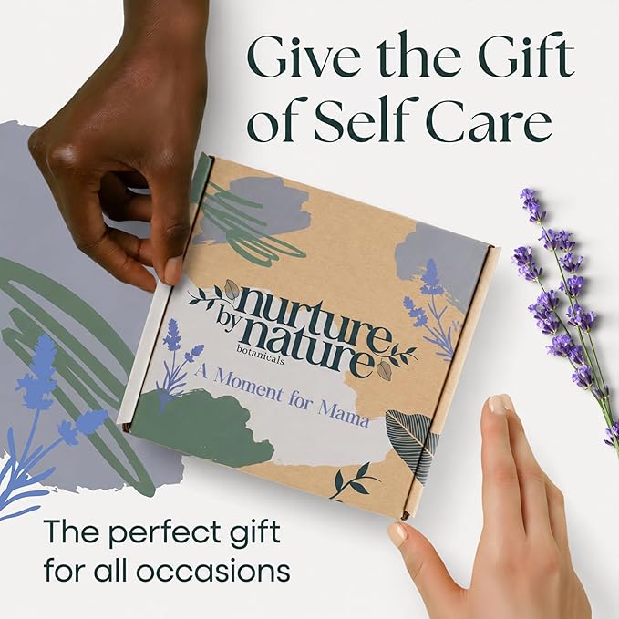 Nurture by Nature New Mom Self Care Gift Set with Body Scrub, Lavender Pillow Spray, Sleep Mask, Body Butter, Shower Gel & Bath Salts - Vegan Friendly - Stocking Stuffer, Baby Shower Gift Basket