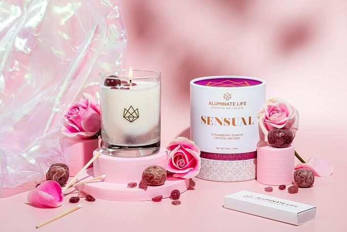 Luxury Glass Jar Candle, 14 OZ, Sensual - Strawberry Quartz Crystal Infused - Scents of Star Anise, Rose, Sichuan Pepper & White Musk - Coconut Wax, Essential Oils, Dr. Developed