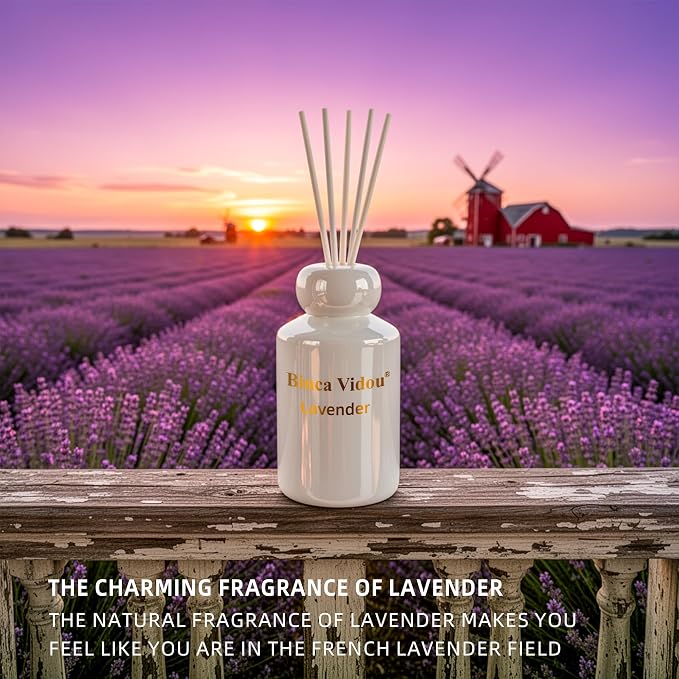 Reed Diffuser Set, Binca Vidou Lavender & White Tea Natural Scent Oil Diffusers with Sticks for Home Office Bathroom Aromatherapy Decor Black&White Series 3.38oz x 2