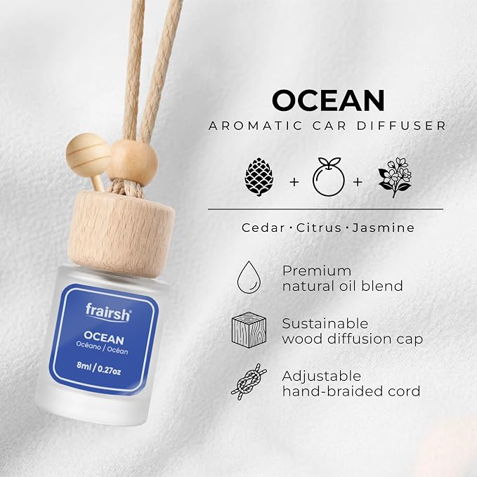Hanging Car Air Freshener 3 Count, 8 ml Each, Ocean Scent, Natural Odor Eliminator Essential Oil Diffuser, Gentle Soft Elegant Non-Overpowering Fragrance