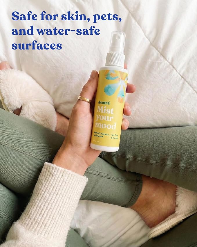 ASUTRA Multi-Use Essential Oil Aromatherapy Spray (Tea Tree & Juniper), 4 fl oz – Mist for Face, Body, Rooms & Linens – Car, Fabric, and Bathroom Freshener