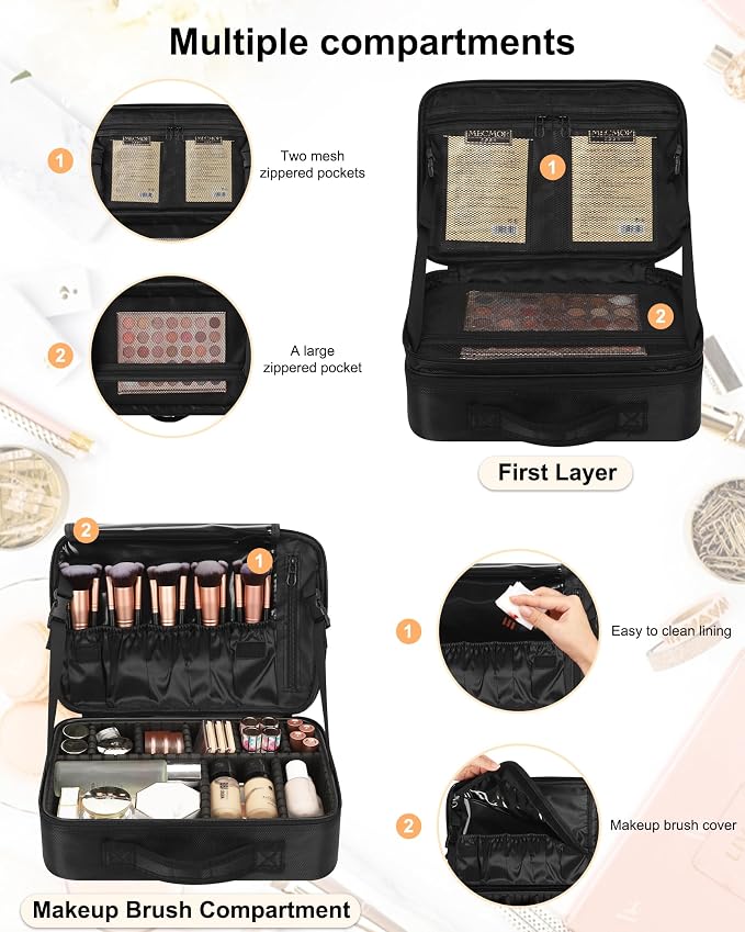 Relavel Makeup Bag Train Case for Women Travel Cosmetic Organizer with Adjustable Dividers and Brush Compartment, Large Storage Box for Cosmetics, Toiletries, Nail Polish, Jewelry, Electronic (Black)