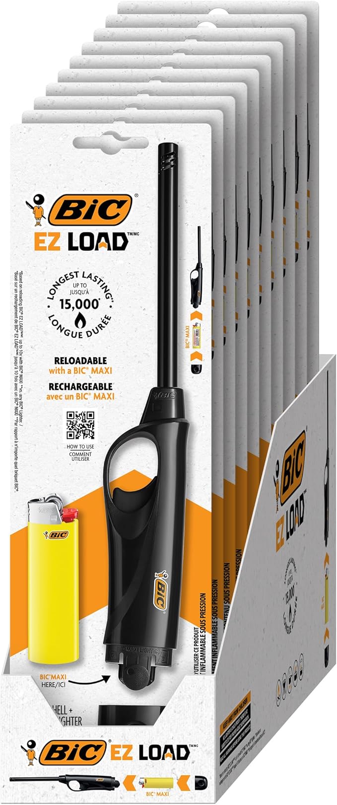 BIC EZ Load Lighter, Reloadable Multi Purpose Lighter, Pack with 10 BIC EZ Load Long Lighter Shell and 10 BIC Maxi Pocket Lighters 10-Pack (Colors May Vary), Assorted