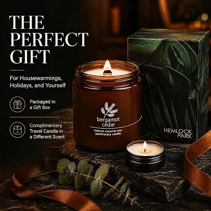 Hemlock Park Bergamot Cedar Apothecary Scented Candle | Crackling Wood Wick, Botanical Fragrance & Coconut Apricot Wax | Up to 80 Hour Burn Time | 16 oz | Made in USA
