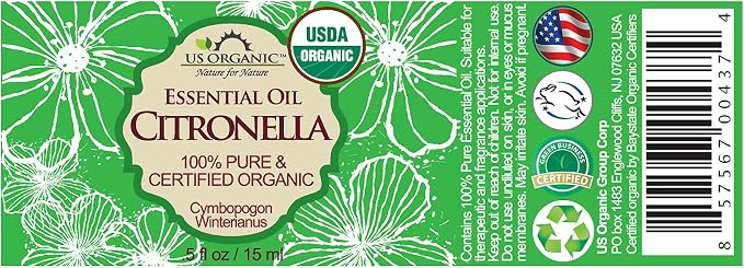 US Organic Citronella Essential Oil, USDA Certified, 100% Pure, 15 ml, Improved caps and droppers – Used for Skin Care, Many DIY Projects Like Candle Making and Much More