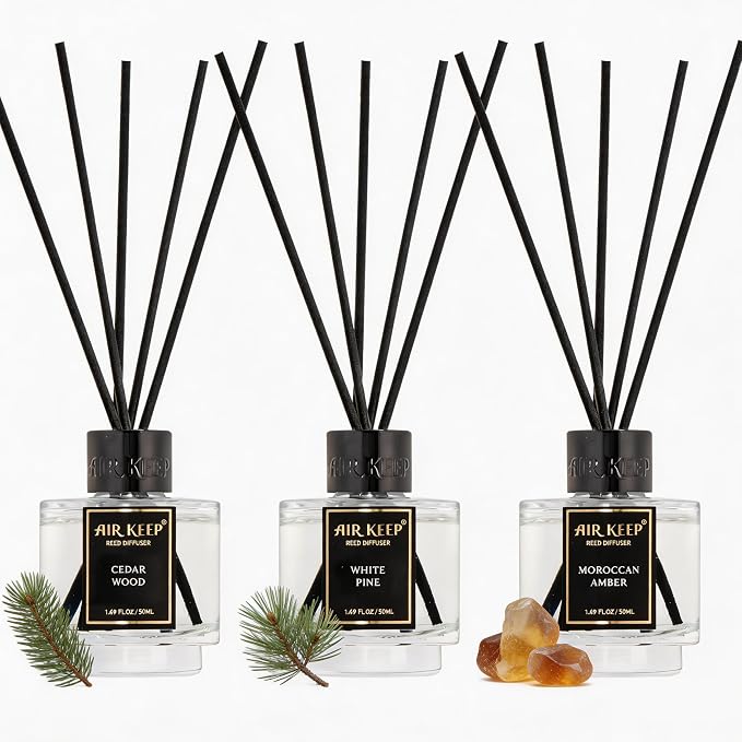 Airkeep Reed Diffuser Set of 3 for Bathroom Air Fresheners, Oil Diffuser Sticks | Cedar Wood,White Pine Moroccan Amber Scent Diffuser(1.7 fl oz*3) Fragrance with 18 Sticks Defusers | Shelf Decor