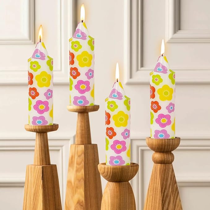 5 inch Short Candle Floral Candle Sticks Printed Candlestick Handmade Unscented Taper Candle 4 Pack Colorful Flower Tapered Candles for Home Dinner Wedding Holiday