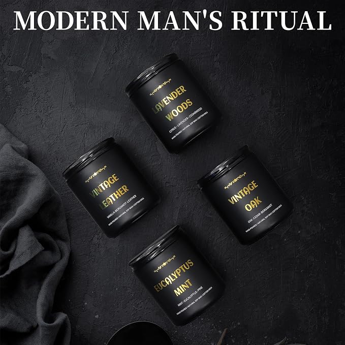 Scented Candles for Men, 4 Pack Mens Candle Set, Soy Candles for Home Scented, Masculine Candle for Him, 28oz, 200 Hours Burning Time Aromatherapy Candles of Lavender/Eucalyptus/Leather/Oak