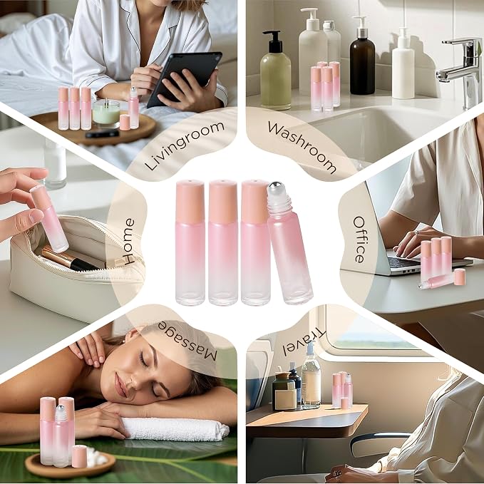 SESENSE Essential Oil Roller Bottles, 10ml Thick Glass Perfume Roller Bottles with Funnel Opener and Dropper Colored Glass Empty Bottles with Stainless Steel Roller Balls (Pink, 4 Pack)