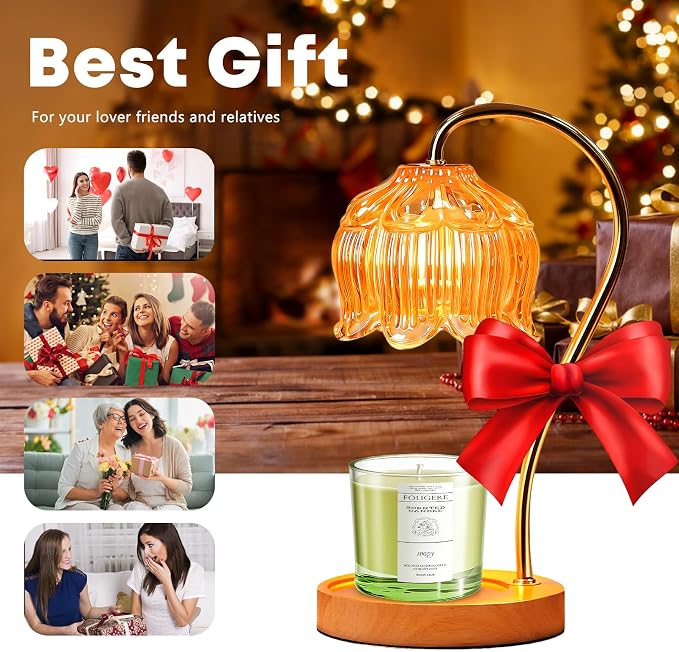 GEEZO Fragrance Candle Warmer Lamp with 2 Bulbs Electric Candle Warmer with Timer & Dimmer for Home Decor Wax Melt for Small Large Size Jar Candles Retro Wooden Base