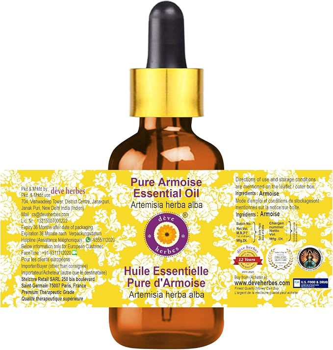 Deve Herbes Pure Armoise Essential Oil (Artemisia herba alba) with Glass Dropper Steam Distilled (Pack of Two) 100ml X 2 (6.76 oz)