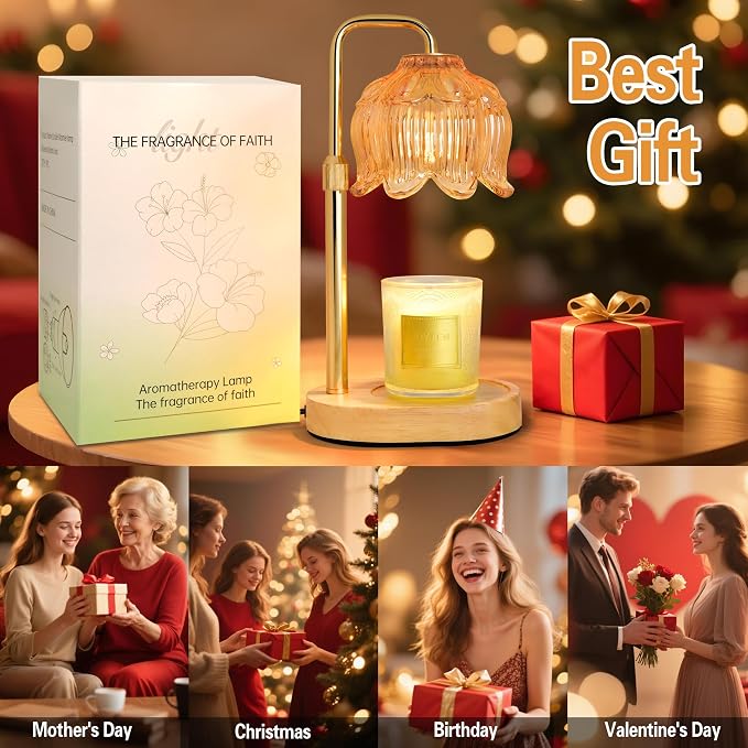 Candle Warmer Lamp with Timer Dimmer, Adjustable Height Candle Wax Warmer, Christmas Birthday Gift for Mom Women,House Warming Gifts for New Home Bedroom Decor,(Lotus Flower-Amber)