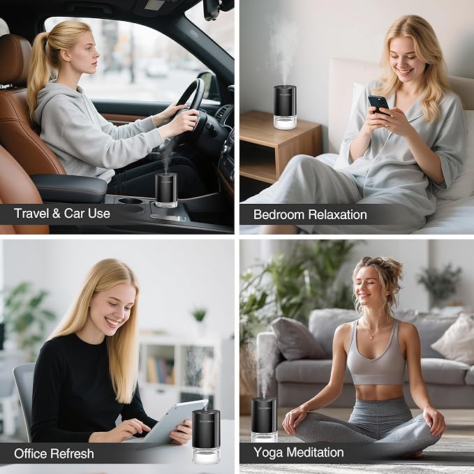 Waterless Essential Oil Diffuser Stater Kit - Included 3x20mL Essential Oils, Battery Operated, Cold Air Scent Diffuser for Home, Car, Office, Portable Diffuser with 7-Color Light, 100mL, Black