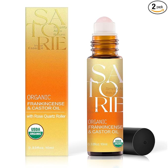 Satorie 2-Pack Organic Castor & Frankincense Oil with Rose Quartz Rollerball - USDA Certified Essential Blend Oil Roll-On, for Face, Under Eyes, Anti-aging, Dark Circles
