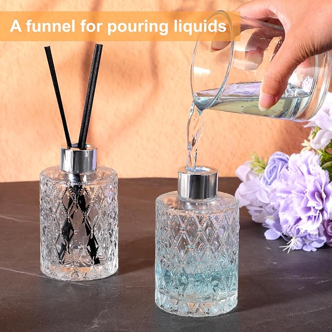 4 Set Empty Reed Diffuser Bottle Set with Stick, 150ml Refillable Patterned Glass Vase with Black Rattan Reed & Cap for DIY Essential Oil, Home Fragrance, Bulk,Silver