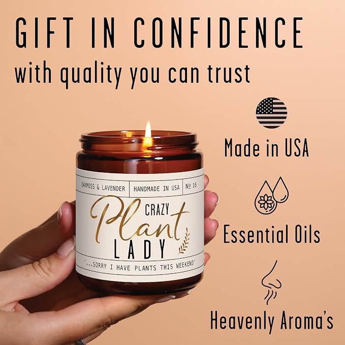 Plant Lady Gifts for Women, Soy Candle, w/Oakmoss & Amber I Plant Lady Themed Ideas I Gifts for Plant Lovers I 50Hr Burn, USA Made