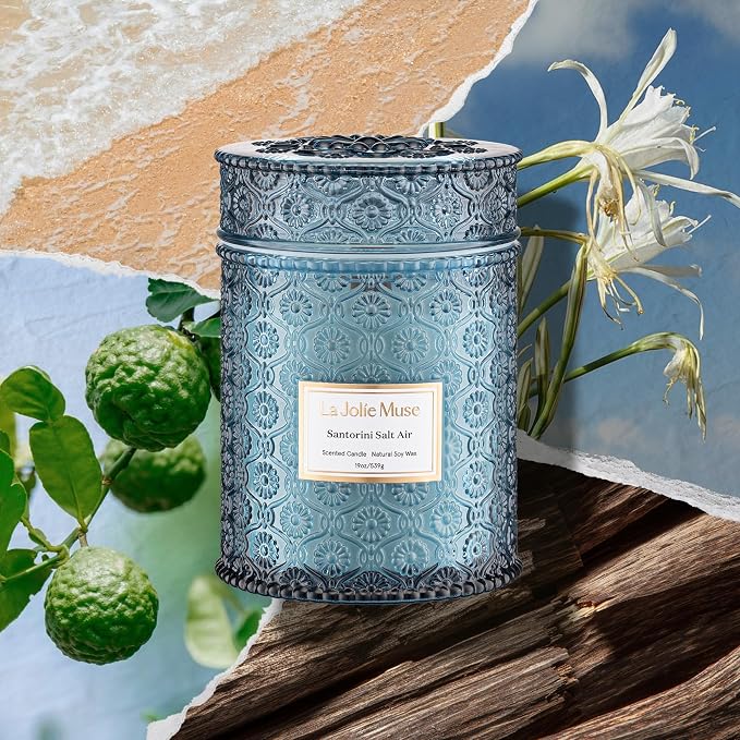 LA JOLIE MUSE Santorini Salt Air Scented Candles for Home, 19 oz Soy Wax | Large Jar Luxury Candle, Clean Natural Non-Toxic, Fresh Summer Ocean Blue Candle, Gifts for Women & Men, Wood Wick, Bergamot