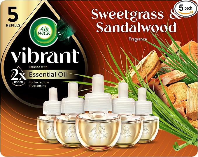Air Wick Vibrant Plug-In Scented Oil Refills, 5 Count, Sweetgrass & Sandalwood, Air Freshener, Essential Oils