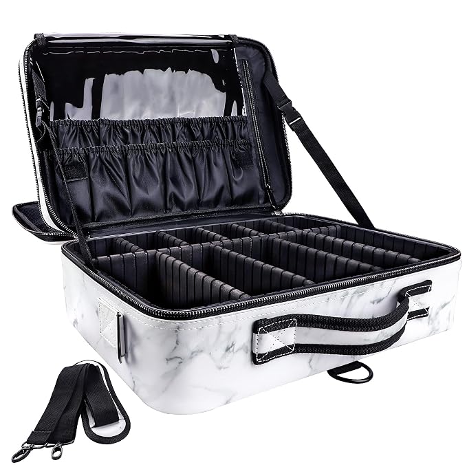 gzcz Large Capacity Travel Makeup Case Organizer,Professional Cosmetic Bags for Women,Waterproof PU Leather Makeup Bag with Adjustable Dividers and Shoulder Strap for Brushes and Jewelry