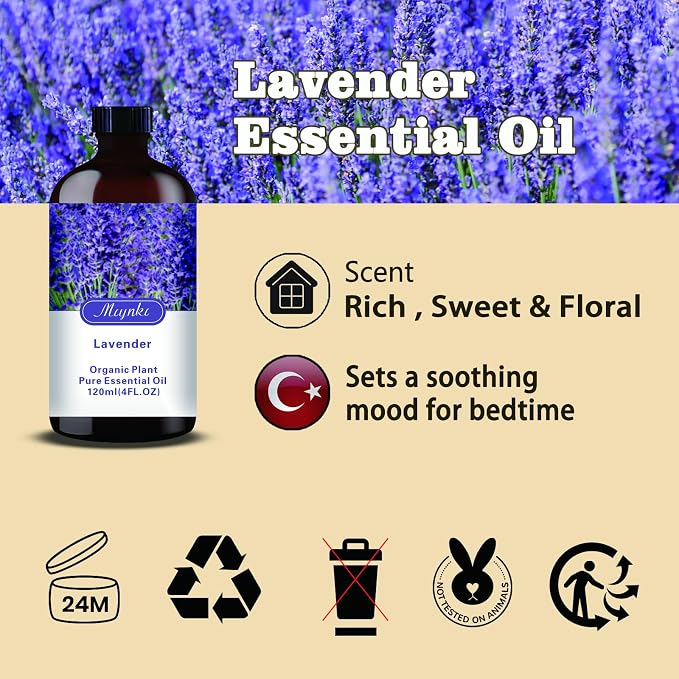 Lavender Essential Oil – Lavender Fragrance Oil for Sleep Aid, Diffuser, Humidifier, Massage, DIY Soap, Candle, Cleaning, Relaxation, Gift Ready – MLYNKL Lavender Oils (4.33 fl oz / 130ml)