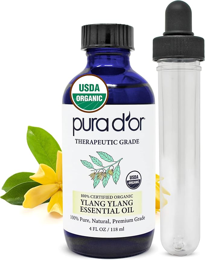 PURA D'OR Organic Ylang Ylang Essential Oil (4oz with Glass Dropper) 100% Pure & Natural Therapeutic Grade for Hair, Body, Skin, Aromatherapy Diffuser, Relaxation, Massage, Mood, Antioxidant Support