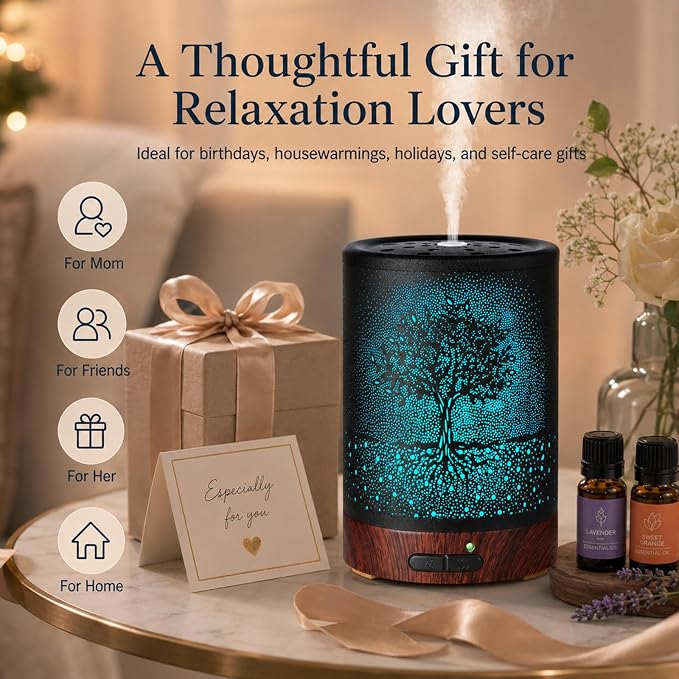 Essential Oil Diffuser- Aromatherapy Diffuser with7 Colors Light and Auto-Off for Women Metal Cool Mist Humidifier for Home and Office for Mom Women(Tree)