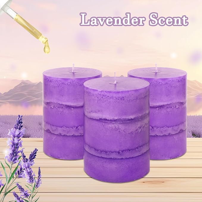 Dark Purple Pillar Candles Lavender Scented Decorative Aesthetic Long Clean Burning Fragrance Candle for Wedding Meditations Modern Home Decor Set of 3