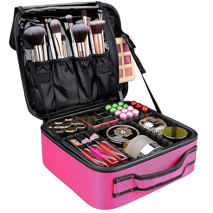 gzcz Travel Makeup Bag,Portable Makeup Case for Women,Professional Cosmetic Train Case Organizer Artist Storage Bag With Adjustable Dividers Brushes Toiletry Jewelry Digital Accessories