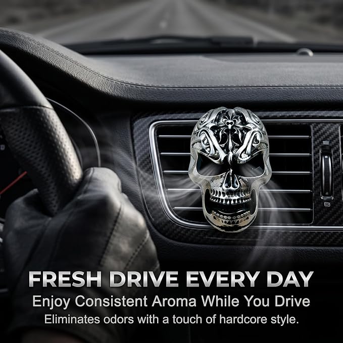 2Pcs Gothic Skull Car Vent Clip Freshener with Cotton Scent Pads | Alloy skull vent diffuser removes odors, suitable for car bathroom Halloween decorative gifts