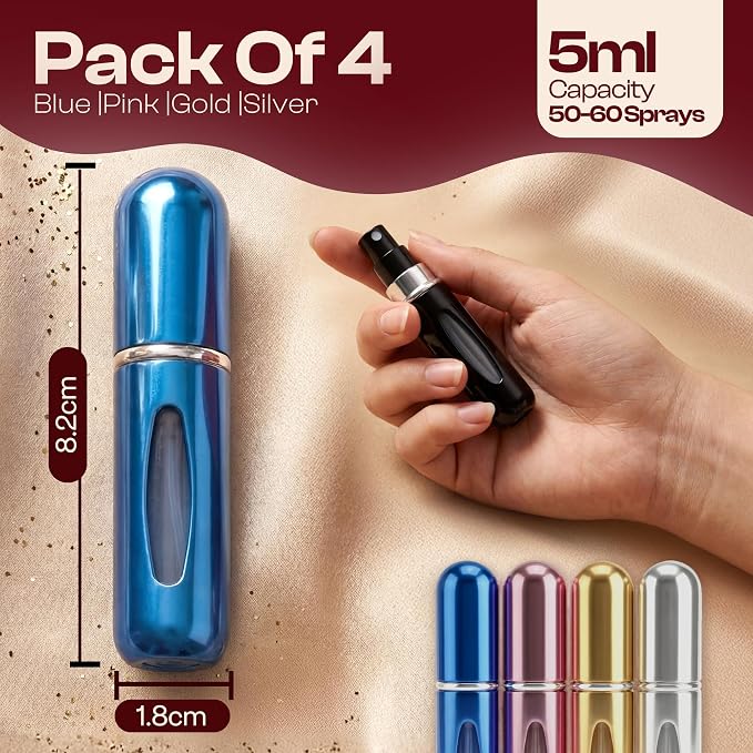 5ml Travel Perfume Bottle Refillable Atomizer Sprayer for Perfume,Leakproof Perfume Atomizer Travel, Portable Refillable Perfume Bottles, (Blue, Pink, Gold, Silver)