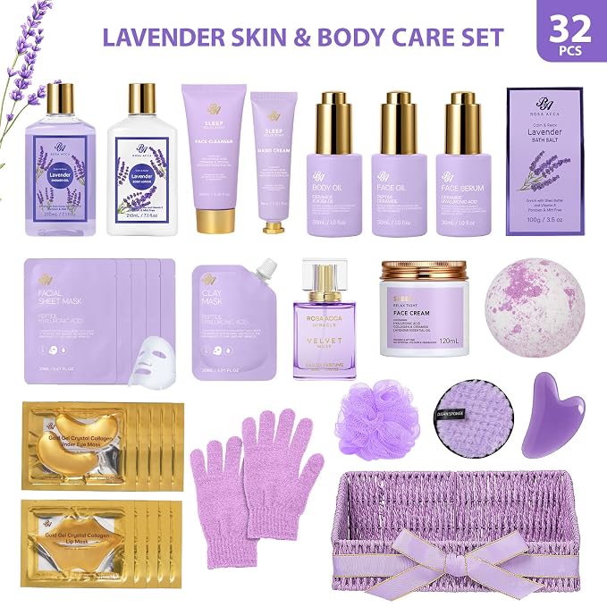 Gifts for Women, Gifts Basket for Women, 32 Pcs Lavender Bath and Body Gift Basket Set, Hydrating Facial Skin Care Gifts Set, Home Spa Self-Care Basket Set, Birthday Gift for Her, Anniversary, Wife