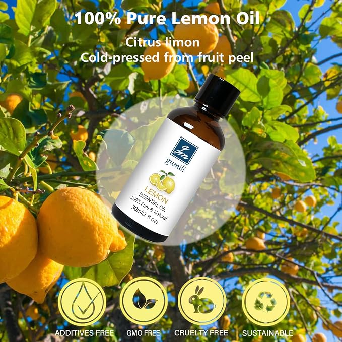 GM Gumili Lemon Essential Oil 1 Oz – 100% Pure Natural Lemon Oil for Cleaning, Diffuser, Skin, Massage & DIY, Fresh Citrus Scent