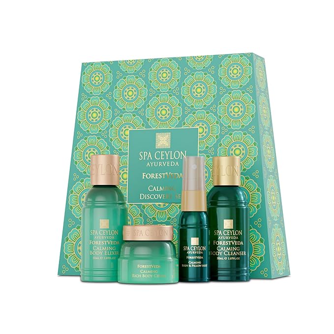 Spa Ceylon ForestVeda Calming Discovery Set - 4-Piece Ayurveda Bath & Body Gift Set with Plant Botanicals, Eucalyptus, Cedarwood & Moringa - Body Cleanser, Body Elixir, Body Cream & Pillow Mist