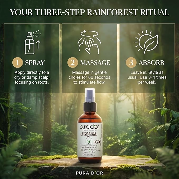PURA D'OR Scalp & Hair Strengthening Oil Supports Optimal Growth, Reduce Breakage, Nourish Roots for Healthier, Fuller, Thicker Hair - Rosemary, Castor & Peppermint Oil: 3.3 Oz Hair Regrowth Tonic