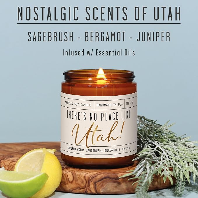 Utah Gifts, Utah Decor for Home - 'There's No Place Like Utah Candle, w/Sagebrush, Bergamot & Juniper I Utah Souvenirs I Utah State Gifts I 9oz Jar, 50Hr Burn, USA Made