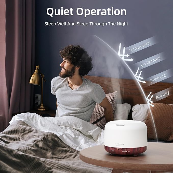 ASAKUKI Essential Oil Diffuser for Home, 500ML Aromatherapy Diffuser Humidifier with Remote Control, 7 Color LED Lights, Quiet Cool Mist Diffuser for Bedroom, Living Room, Office (Reddish-Brown)