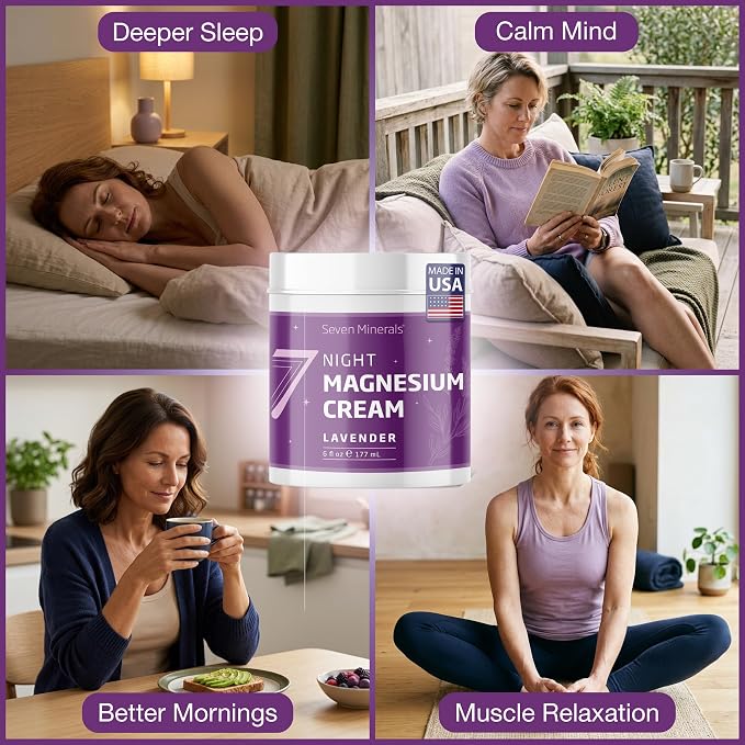 Seven Minerals Magnesium Cream for Sleep with All-Natural Lavender - Extra Strength Magnesium Lotion for Sleep, Pain & Stress - Relaxing Blend for Legs, Feet, Muscles, & Joints, 6 fl oz