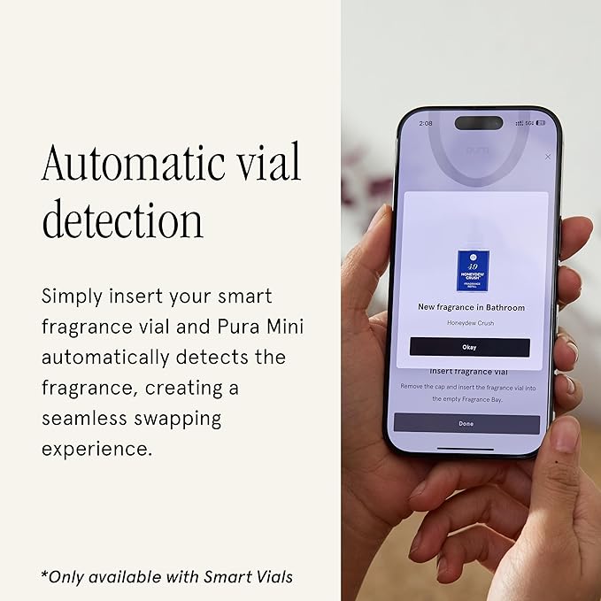 Pura Home Mini Fragrance Diffuser for Small Spaces Adjustable Smart Home Device with LED Light & Automatic Vial Detection - Includes 1 Scent Refill - Lemon